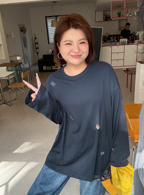 胖mm春季休闲宽松长袖T恤木子理想大码女装印花圆领遮肉时尚T恤