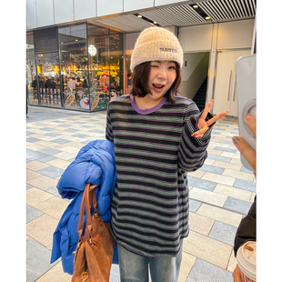 冬季 女装 宽松藏肉休闲内搭200斤 T恤木子理想大码 胖mm复古条纹长袖