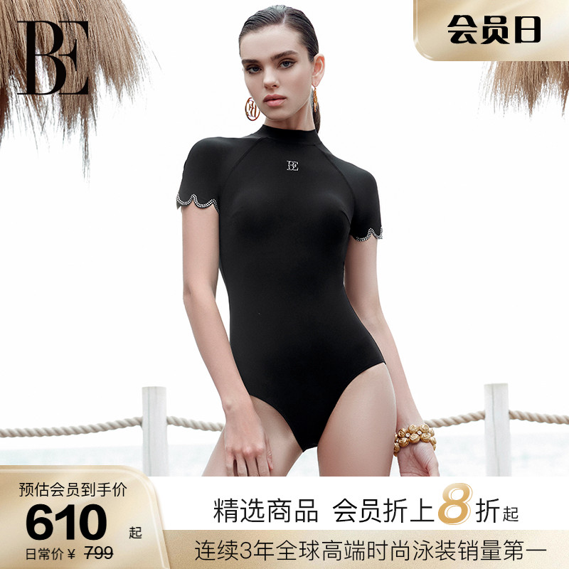 BE范德安2025新品时尚系列女士三角连体泳衣短袖镶钻防晒高级感