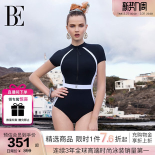 BE范德安2026 防晒度假游泳馆 小黑裙系列女士三角连体泳衣短袖