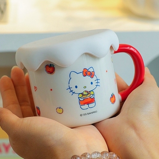 Kitty马克杯凯蒂猫水杯陶瓷把手带把儿童喝水女早餐kt牛奶杯带盖
