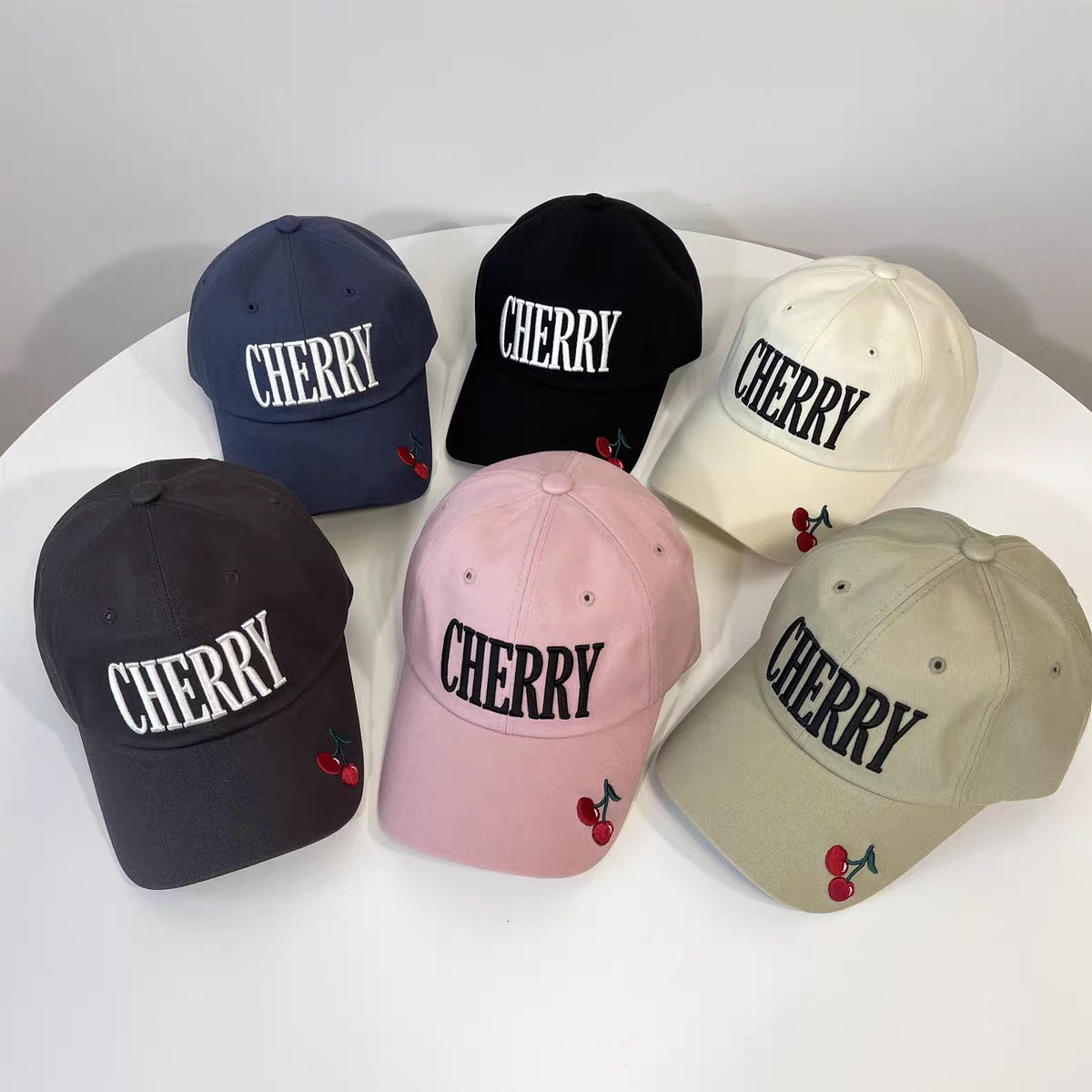 韩国东大门代购春夏新款字母樱桃显脸小鸭舌帽男女软顶防晒棒球帽