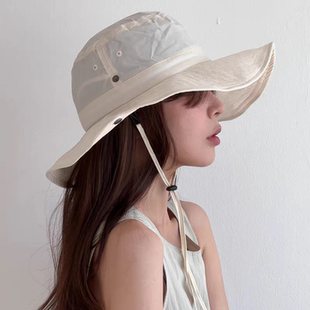 新薄速干防风绳出游防晒帽女户外遮阳帽子大檐渔夫帽 韩国进口夏季