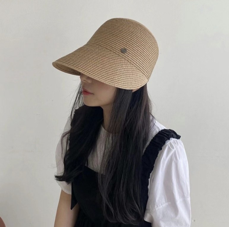 韩国东大门代购草帽女夏季时尚遮阳防晒帽显脸小圆顶鸭舌渔夫帽子