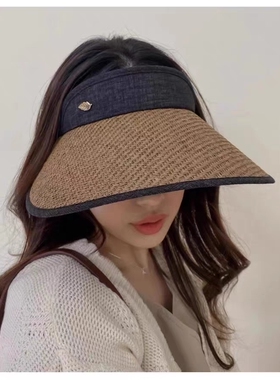 韩国进口正品代购夏季ins出游防晒防UV空顶草帽大沿遮阳发卡帽子