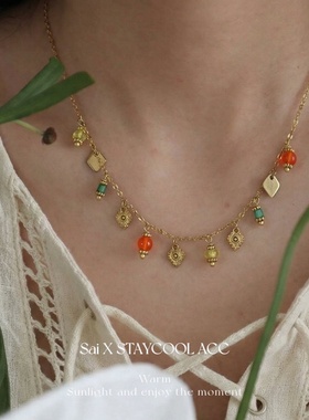 彩色多巴胺色手工串珠多吊坠项链女士锁骨链满天星复古毛衣链