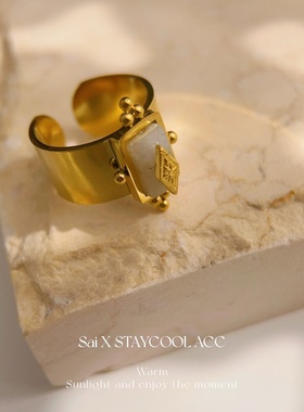 复古开口钛钢金色亮面中古女士戒指高级感指环宫廷风星芒老钱风