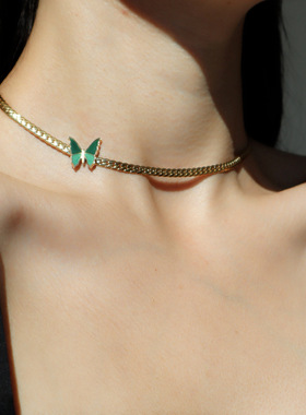复古风绿蝴蝶颈链choker项链女锁骨链钛钢镀18K金不掉色39+5CM