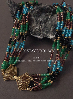 中古复古风多层彩色琉璃女士项链锁骨链短链做旧金色贝壳扣48厘米