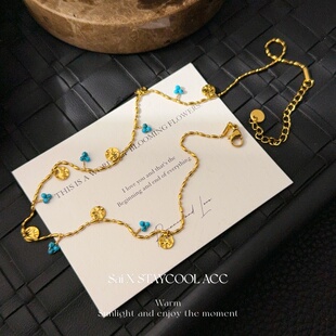 绿松天然石手锤纹圆片串珠项链女士满天星印地安复古锁骨链