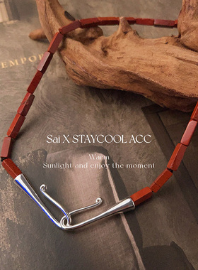 简约方形柱子手工串珠天然红纹石银色扣项链女士高级感设计42cm