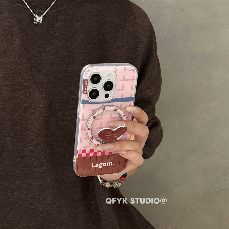 粉色少女心格纹爱心磁吸壳适用iPhone17promax苹果15手机壳16promax新款亮面17支架13防摔保护套14pro全包16