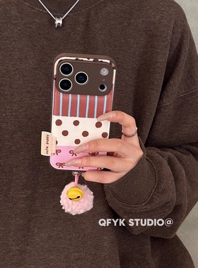 ins复古条纹波点蝴蝶结适用iPhone17promax苹果15pro手机壳14毛球挂饰13promax新款17女16全包15防摔16pro
