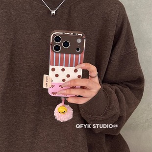 ins复古条纹波点蝴蝶结适用iPhone17promax苹果15pro手机壳14毛球挂饰13promax新款17女16全包15防摔16pro