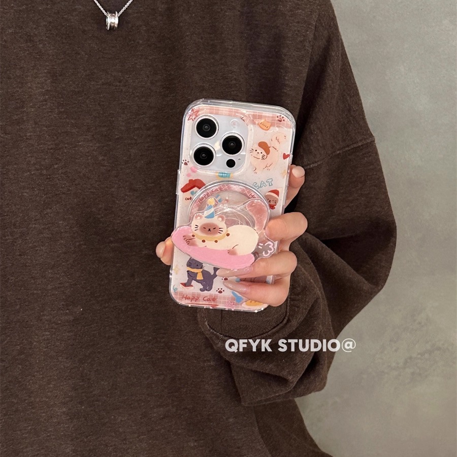 粉色少女心卡通猫咪适用iPhone17promax苹果15手机壳16promax新款17磁吸支架13防摔保护套14pro亮面全包
