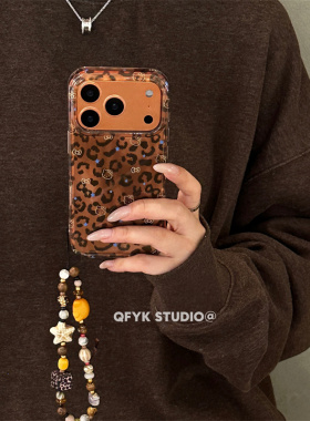 复古高级棕色豹纹猫咪适用iPhone17promax苹果15手机壳16promax新款亮面17链条13防摔保护套14pro全包16女