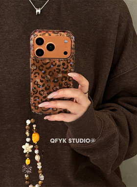 复古高级棕色豹纹猫咪适用iPhone17promax苹果15手机壳16promax新款亮面17链条13防摔保护套14pro全包16女