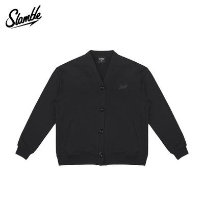 SLAMBLE秋冬新款加绒保暖V领开衫外套男女黑色简约休闲上衣单排扣