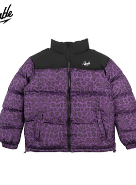 SLAMBLE冬季新款美式拼色豹纹图案棉衣立领男女休闲保暖外套潮流