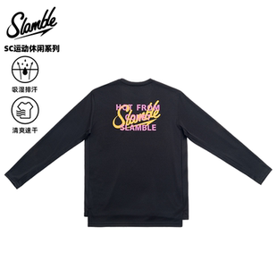 SLAMBLE美式 T恤跑步训练篮球健身服印花圆领速干宽松 蜂窝运动长袖