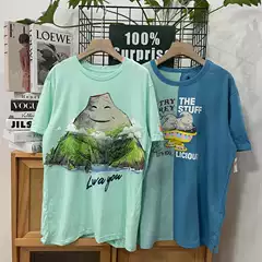Le Men and Women Couple Loose Casual Round Neck Cartoon Print Short-Sleeved T-Shirt 