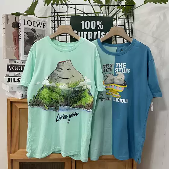 Le Men and Women Couple Loose Casual Round Neck Cartoon Print Short-Sleeved T-Shirt 