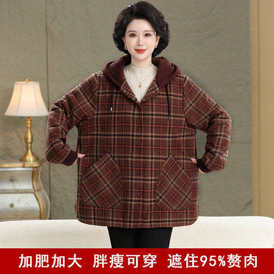 大码中老年妈妈秋冬夹棉毛呢外套
