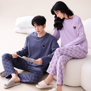秋冬季加厚莱卡棉圆领情侣睡衣长袖纯棉休闲可外穿家居服男女套装