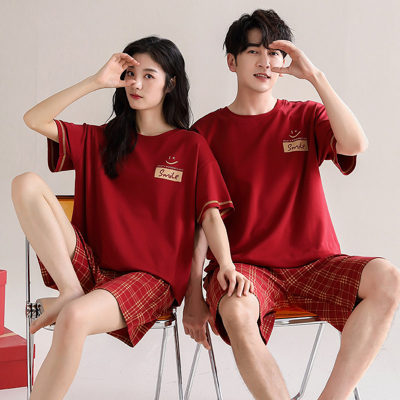 夏季莱卡棉红色本命年情侣睡衣短袖短裤纯棉休闲家居服男女士套装