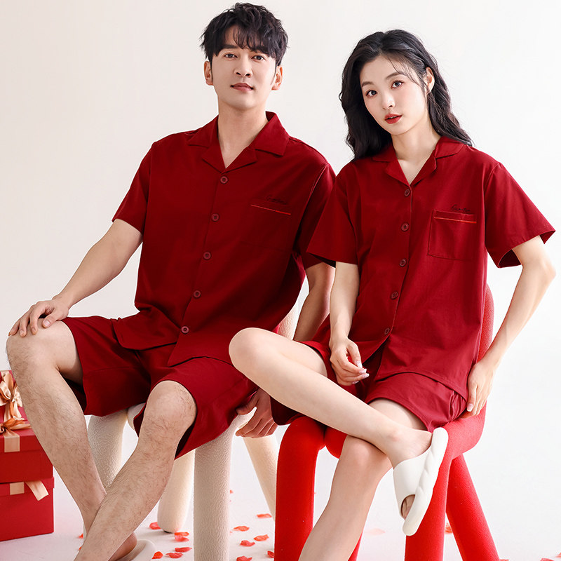 夏季莱卡棉红色结婚情侣睡衣短袖短裤纯棉薄款陪嫁家居服男女套装