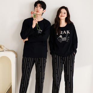 春秋冬季款莱卡棉黑色情侣睡衣长袖纯棉休闲可外穿家居服男女套装