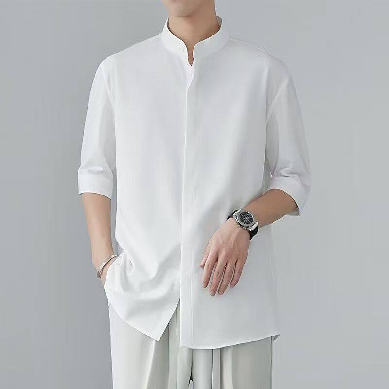 高质量五分袖立领男士新中式现货冰丝衬衫2510款一P45元,男装衬衫,星座1202-3（原1218-3）