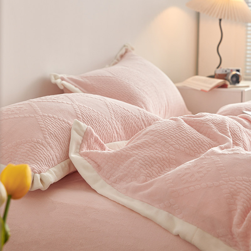 加厚双面牛奶绒雕花绒四件套粉色少女心冬季珊瑚绒被套保暖床品,床上用品,床品套件/四件套/多件套,淘宝优惠券,粉丝福利购,淘宝优惠卷