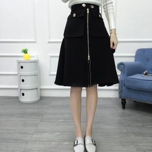 设计感学院风中长伞裙A字裙 微胖mm黑色高腰半身裙女2023春秋新款