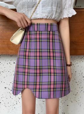 紫色格子半身裙夏大码高腰不规则包臀裙百搭胖MM复古显瘦a字短裙