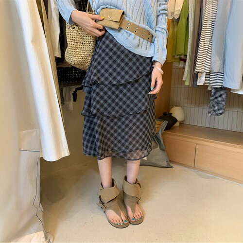 夏季复古格纹蛋糕裙中长款A字裙