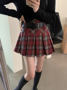 多巴胺穿搭美式 复古格子半身百褶裙女a字裙高腰显瘦小个子jk短裙