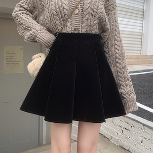 适合胯大黑色金丝绒半身裙女秋冬大码 高腰防走光蓬蓬a字短裙伞裙