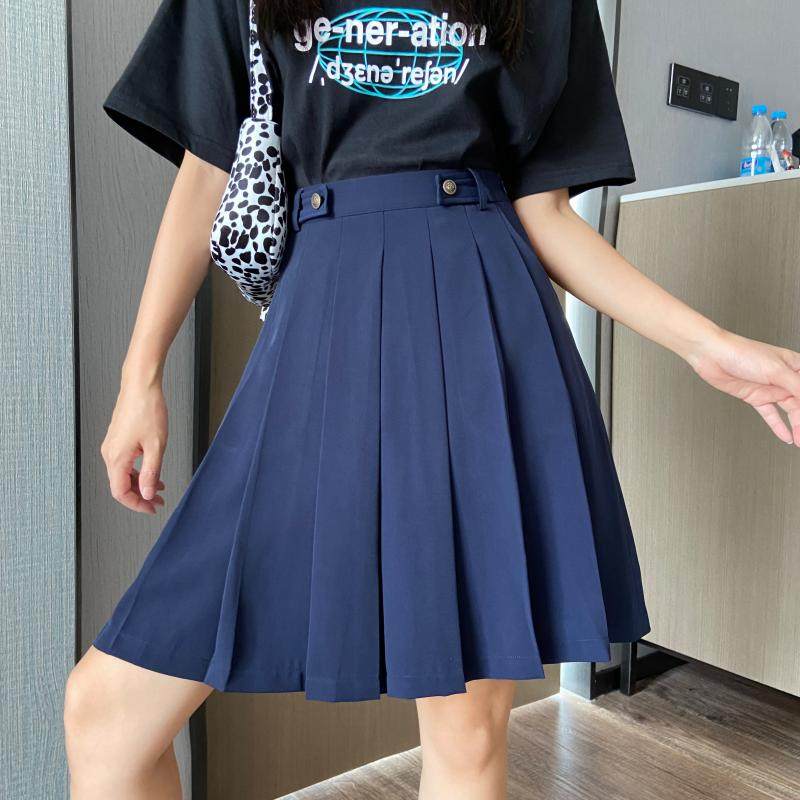 黑色百褶裙女夏大码a字裙显瘦胖mm学院风遮胯口袋蓬蓬裙