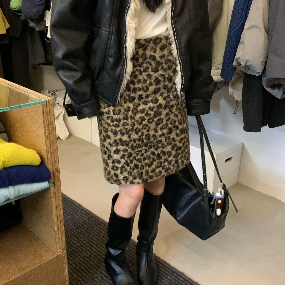 美式复古豹纹毛呢半身裙包臀中裙