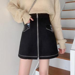 大码 遮肚A字短裙 ins超高腰黑色鹿皮绒半身裙女设计感胖mm秋冬韩版