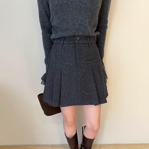 加厚毛呢亮片百褶短裙a字包臀裙