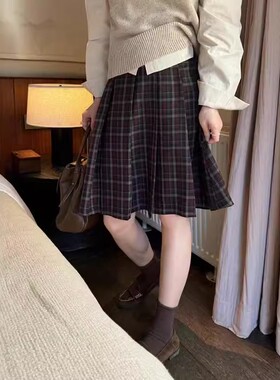 大码胖mm学院风格子百褶半身裙女秋季高腰A字中裙格纹五分短裙子