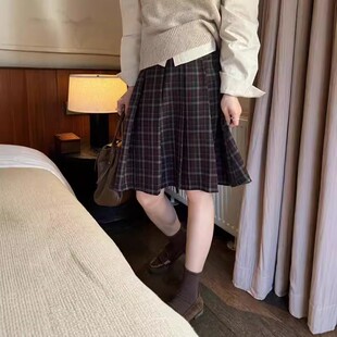 大码美式复古学院风格纹jk百褶裙女春秋红色格子半裙中长款半身裙