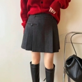 灰色miu系加厚羊毛呢半身裙女秋冬大码 高腰显瘦防走光a字百褶短裙