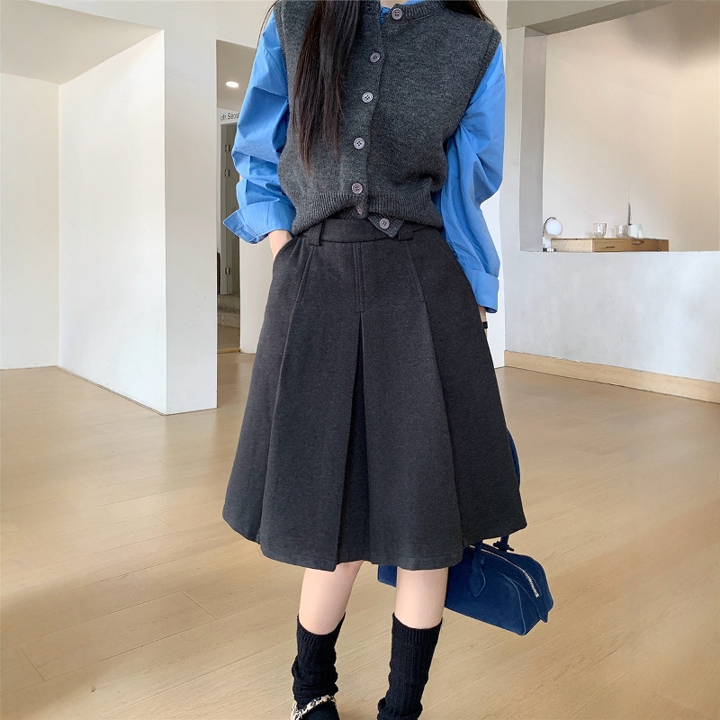 灰色毛呢半身裙女中长款百褶伞裙