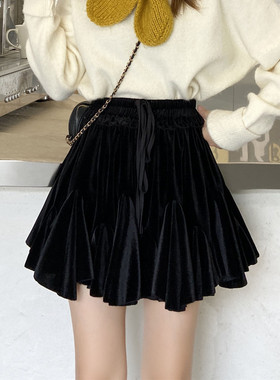 法式复古金丝绒蓬蓬半身裙女伞裙秋冬大码高腰小个子黑色a字短裙