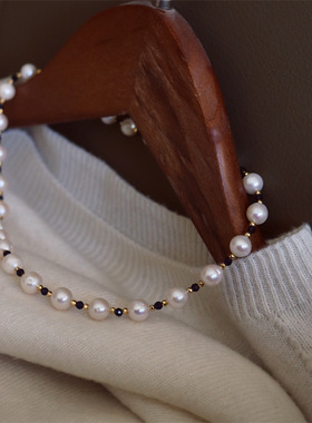 suu新款法式复古气质中古风宝蓝色水晶8MM淡水爱迪生珍珠ot扣项链