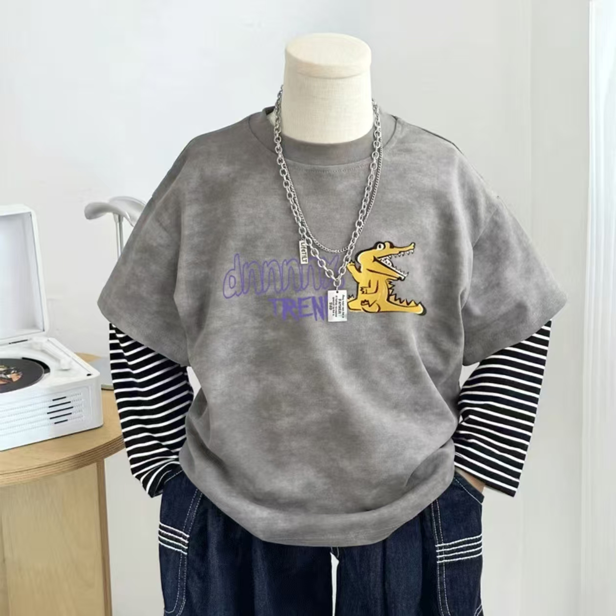 男童纯棉扎染假两件长袖T恤