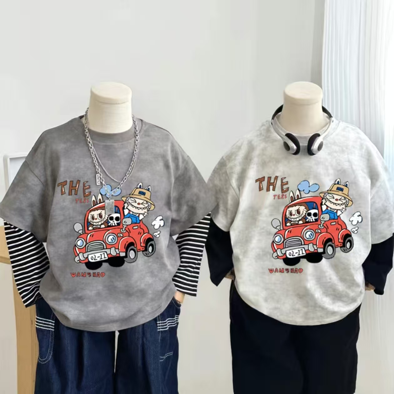 男童春秋纯棉假两件长袖T恤